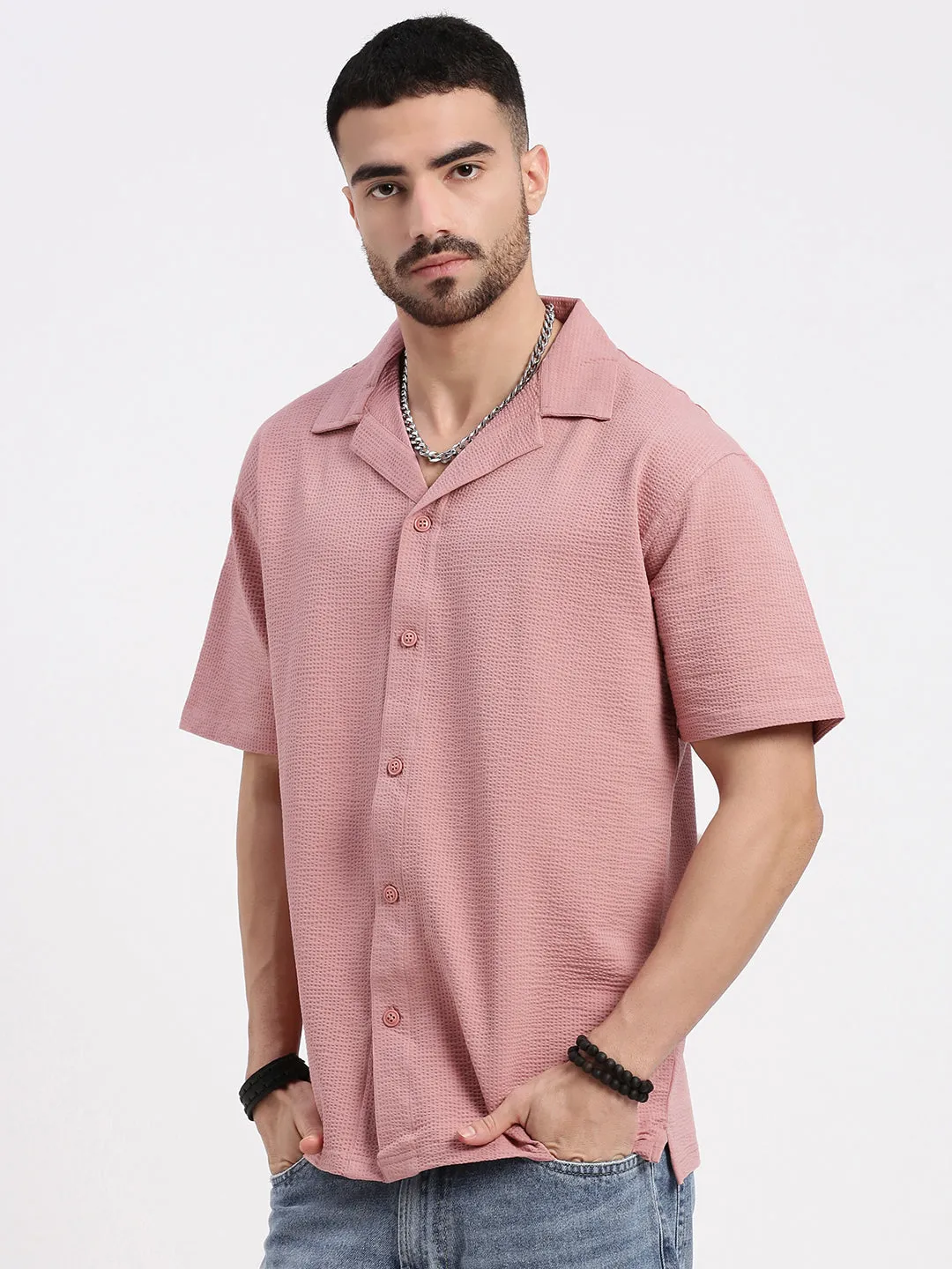 Brave Fit Gym Safe Men's Pink Cuban Collar Solid Shirt
