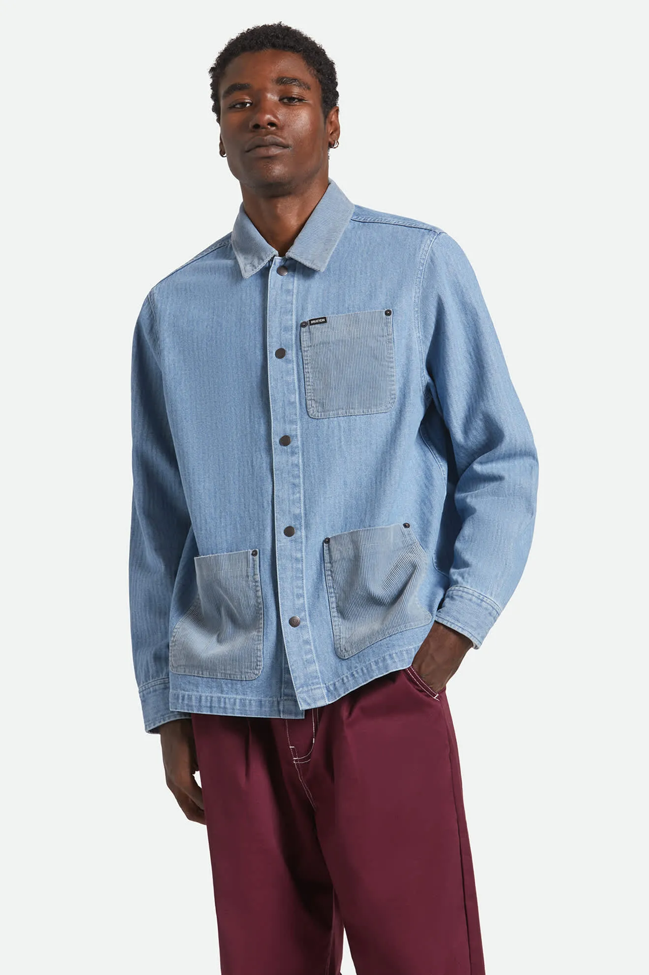 Adjustable Hem Multipurpose Layering Herringbone Lightweight Chore Coat - Light Wash Denim Herringbone