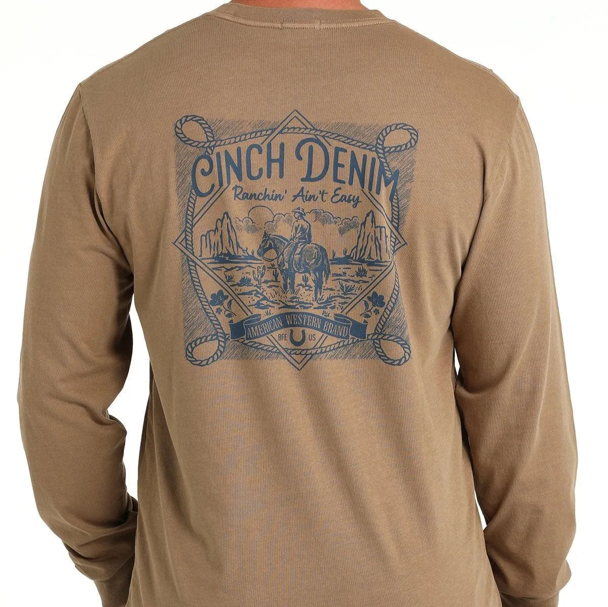 Cinch Men's "Ranching Ain't Easy" L/S Graphic Logo T-Shirt in Khaki QuickDry