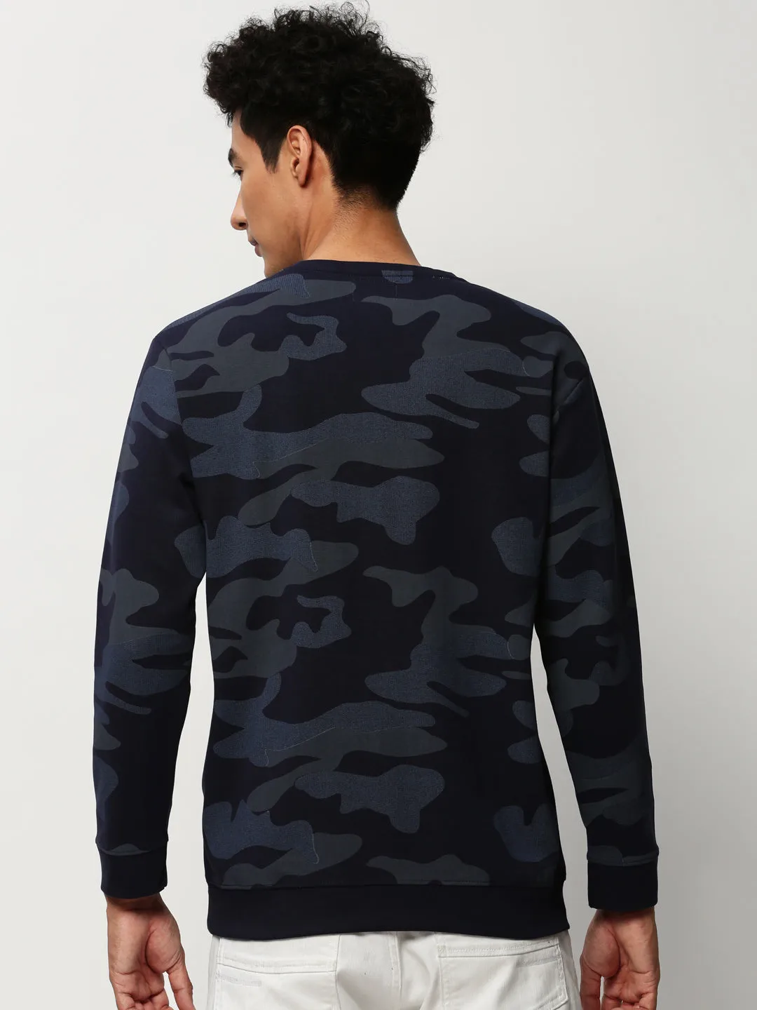 Essential Sporty Comfy Outerwear Men's Navy Blue Camouflage Printed Round Neck Cotton Sweatshirt