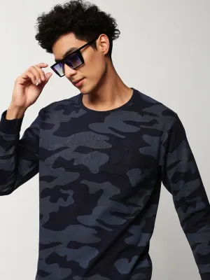 Men's Navy Blue Camouflage Printed Round Neck Cotton Sweatshirt Festival wear Sporty Layer
