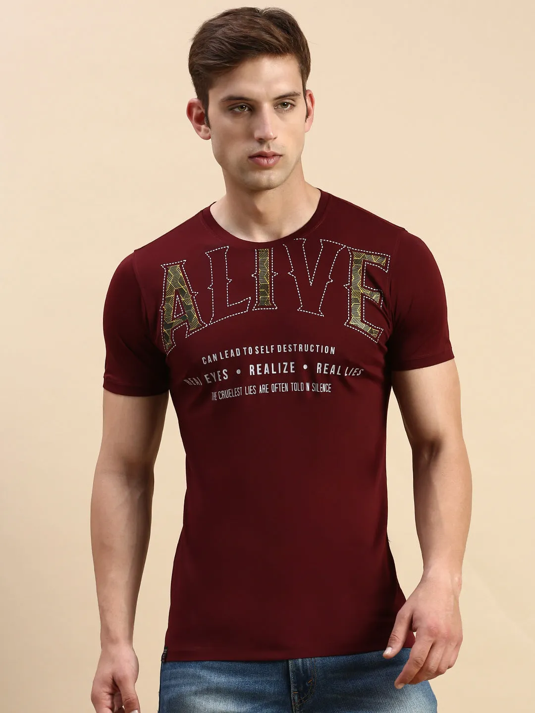 Striped Timeless Wear Men's Red Typography Printed Slim Fit T-shirt