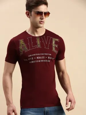Men's Red Typography Printed Slim Fit T-shirt Weekend Ready