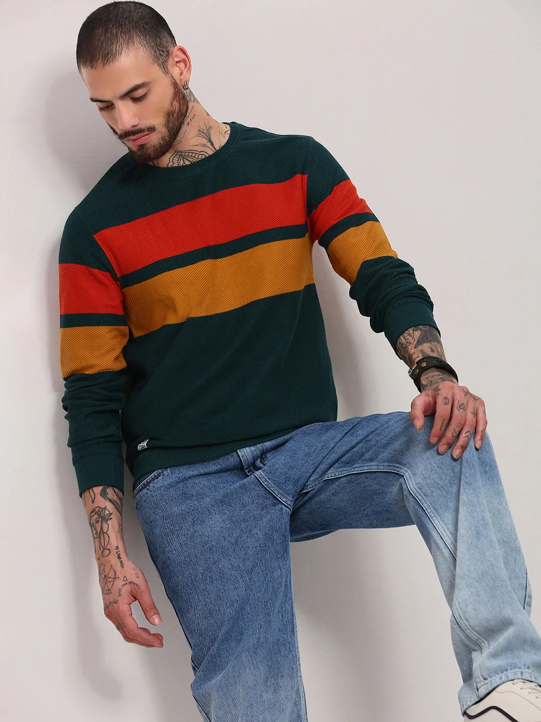 Relaxed Trend Loopwheel Construction Men's Green Colourblocked Sweater