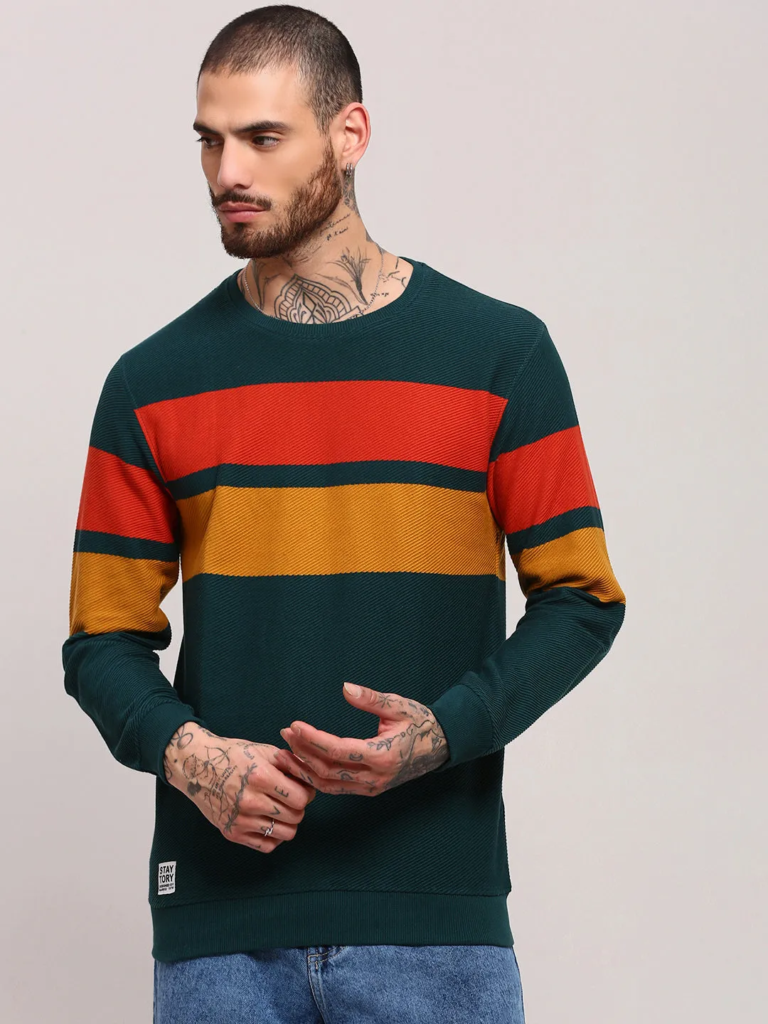 Men's Green Colourblocked Sweater Bamboo Fiber Composition