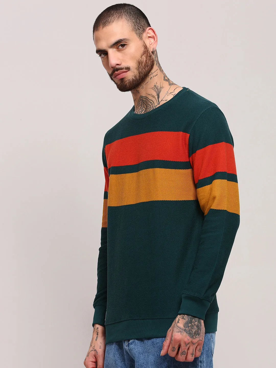 Men's Green Colourblocked Sweater No Season Fresh Trend