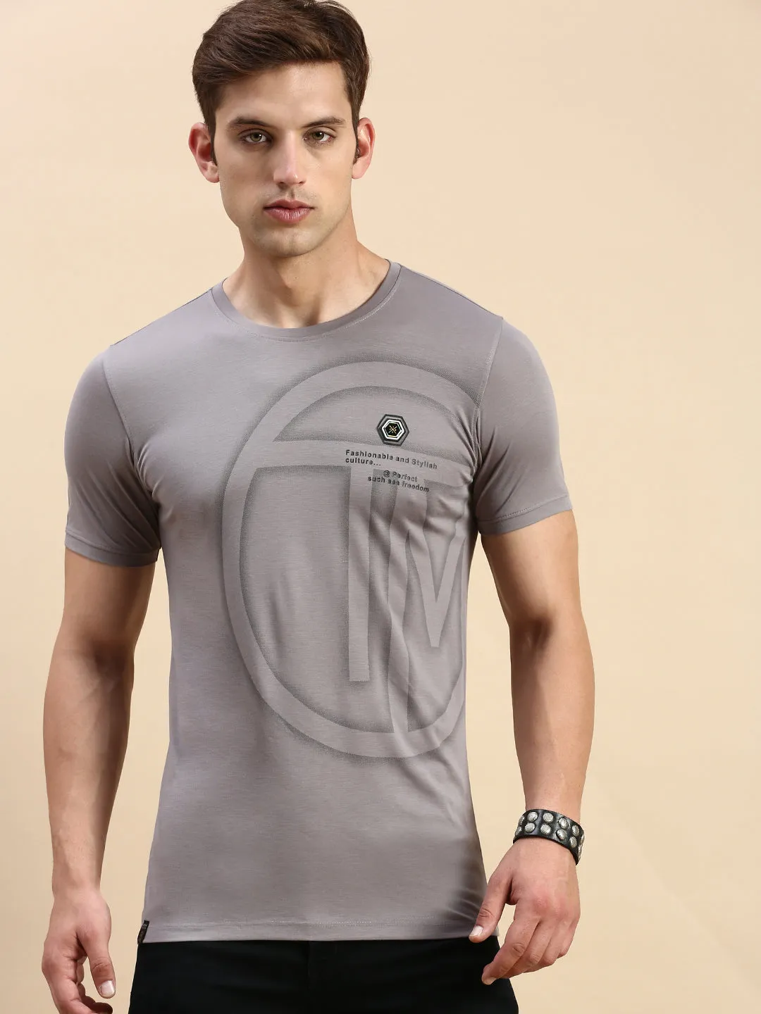 old people Versatile Hoodie Men's Grey Graphic Printed Slim Fit T-shirt