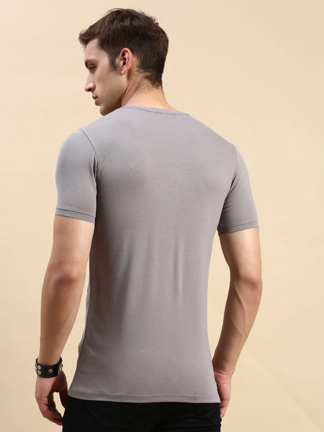 Men's Grey Graphic Printed Slim Fit T-shirt Versatile Jacket