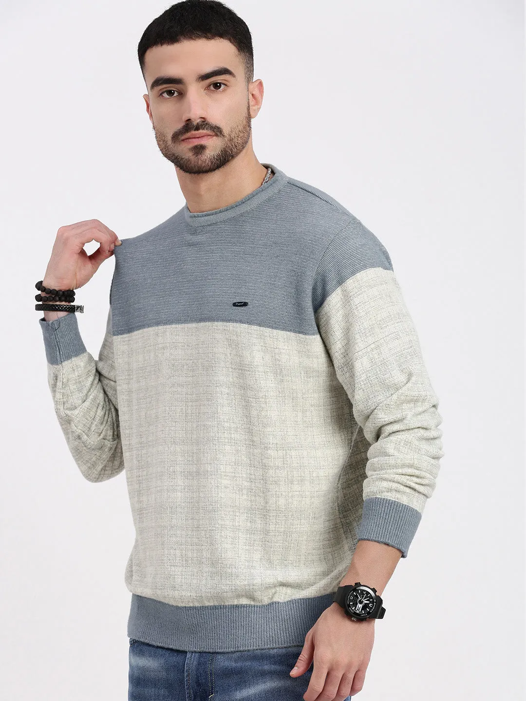 Ventilated Mesh Panels Basic Style Men's Grey Colourblocked Sweater