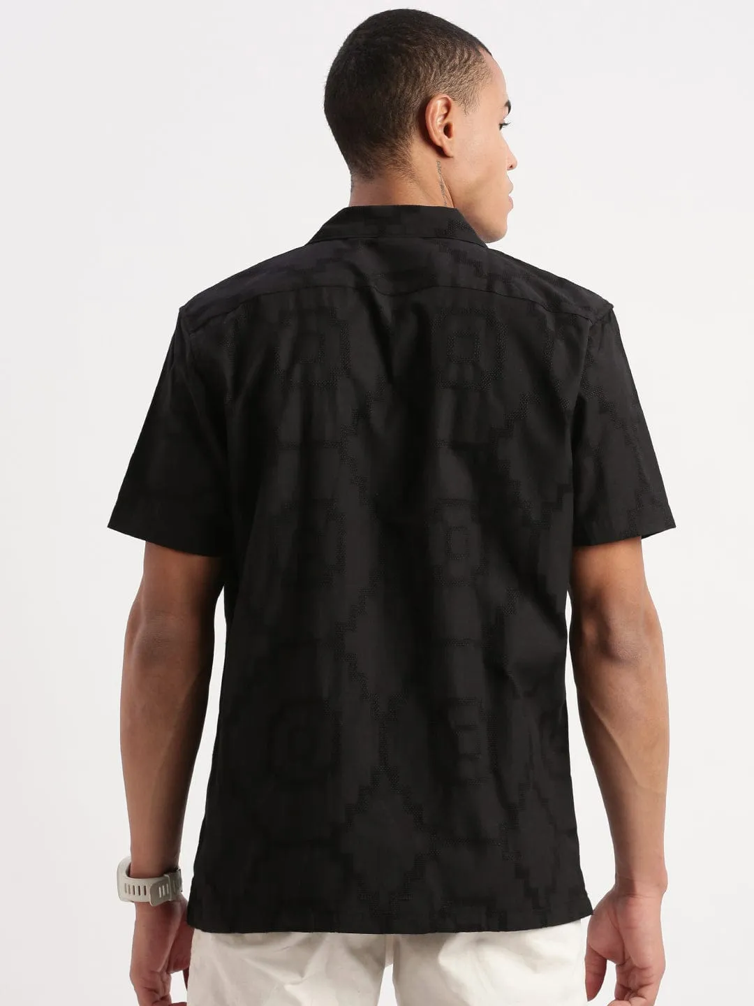 Men's Cuban Collar Solid Black Shirt Stage Feel