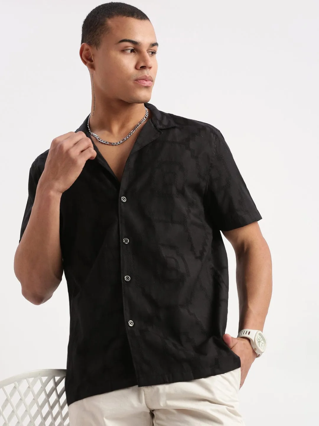 UVProtectionFabric Soft Fabric Men's Cuban Collar Solid Black Shirt