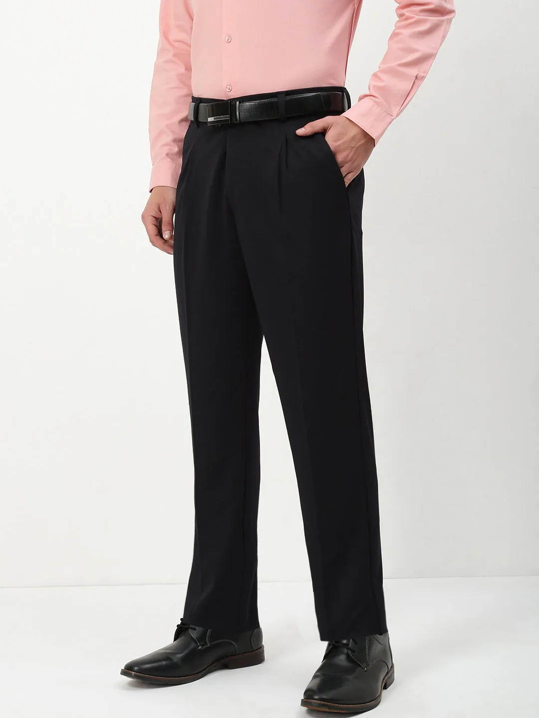 Men's Black Solid Formal Trousers HiddenDrawcord Day Comfort