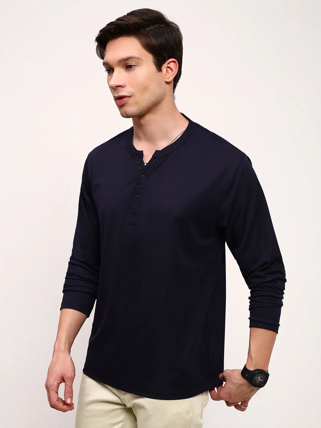Soft Layer Men's Navy Blue Solid Casual T-Shirt