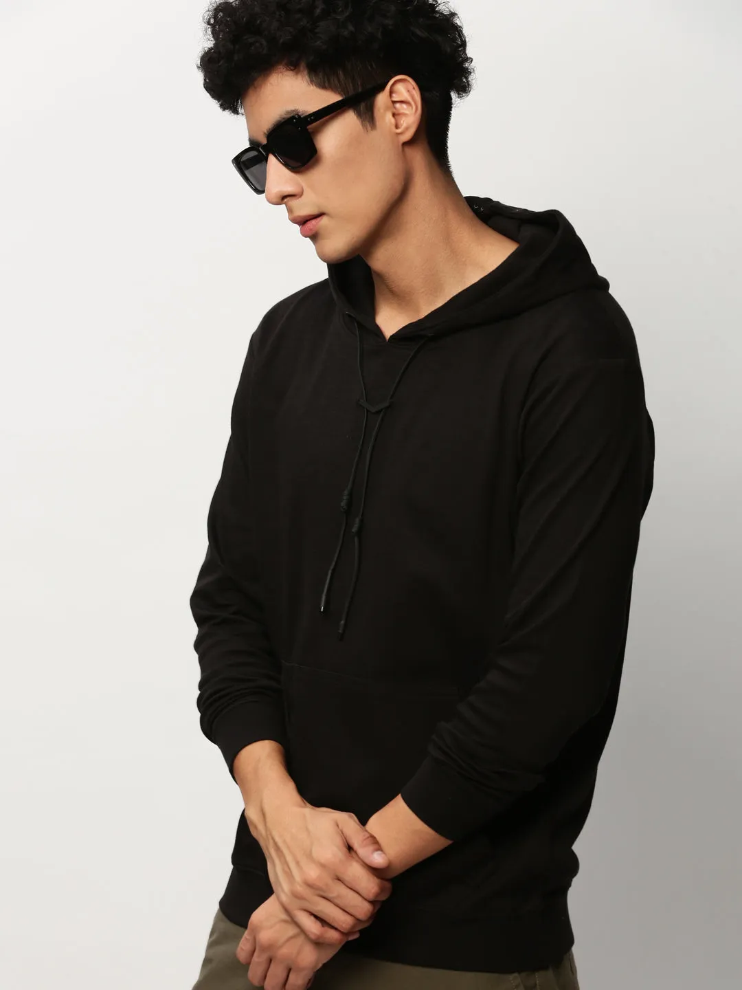 Men's Black Hooded Cotton Pullover Cozy Layers