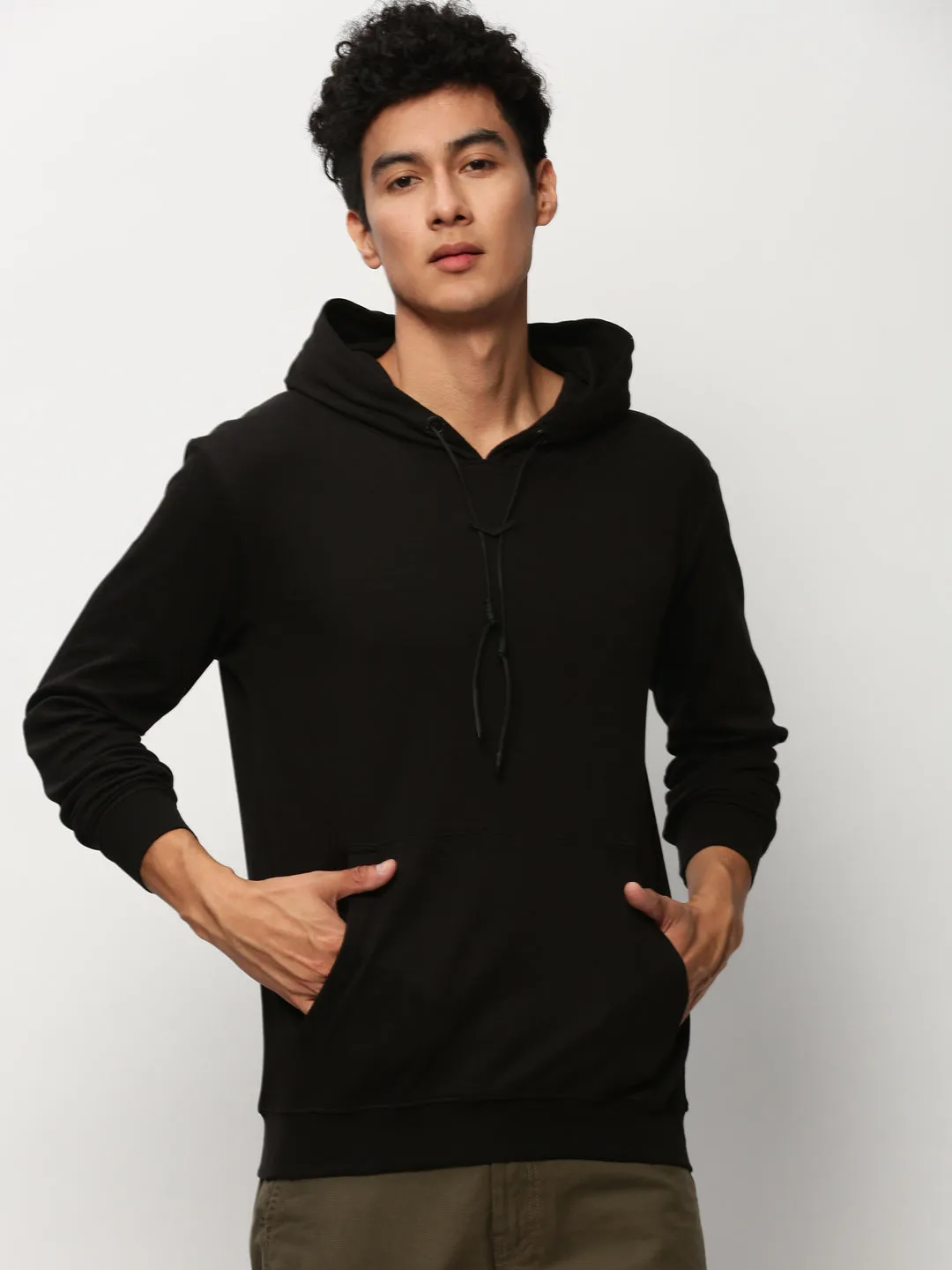 Warm Hoodie Color fastness Men's Black Hooded Cotton Pullover