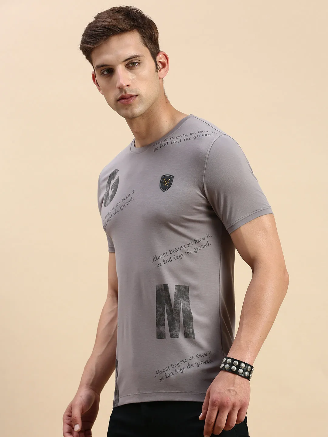 Men's Grey Typography Printed Slim Fit T-shirt Trendy Layered