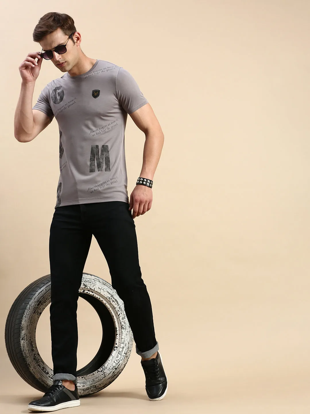 Men's Grey Typography Printed Slim Fit T-shirt Smart Layer Limited Edition