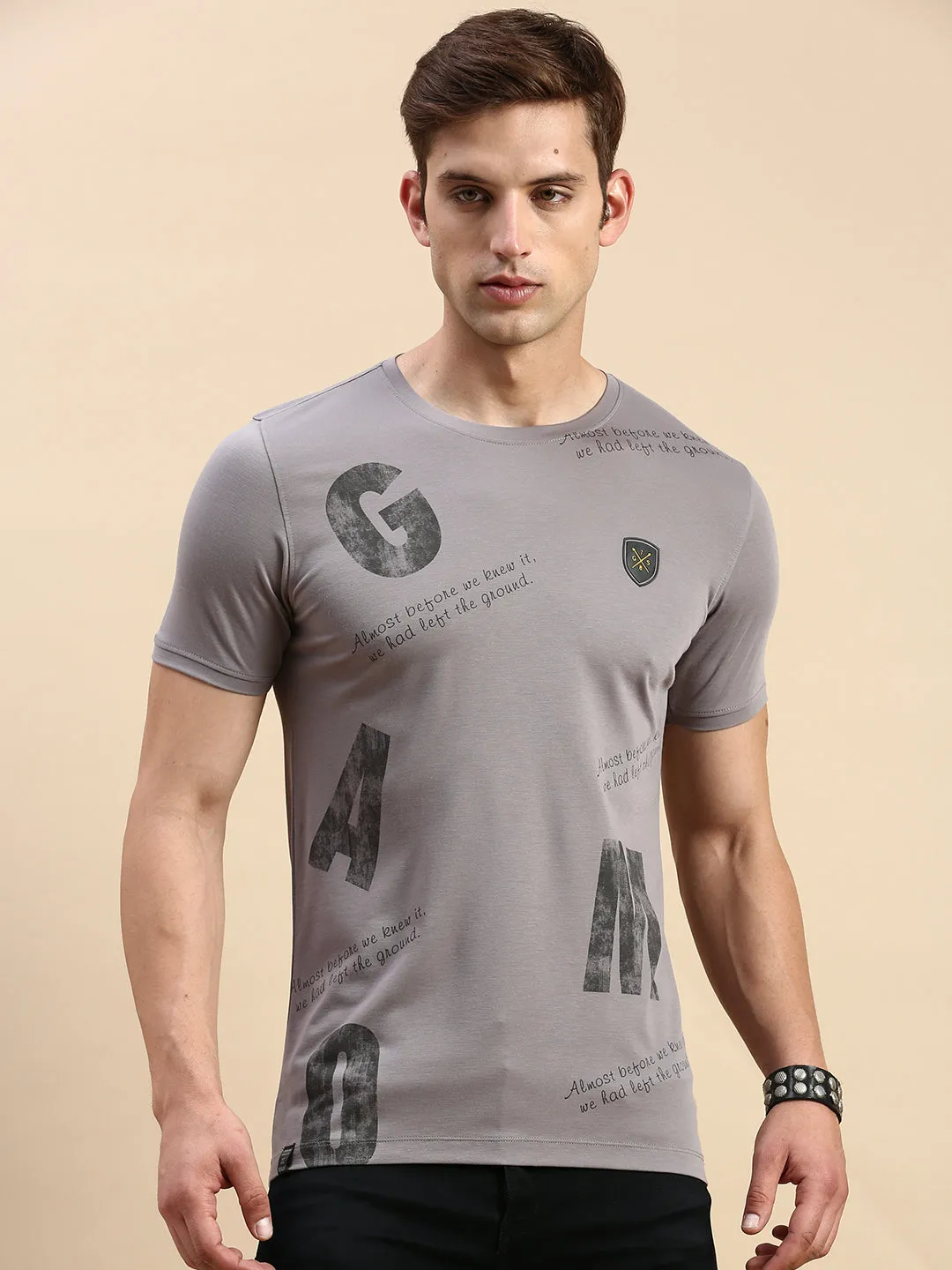 Fresh Look Men's Grey Typography Printed Slim Fit T-shirt