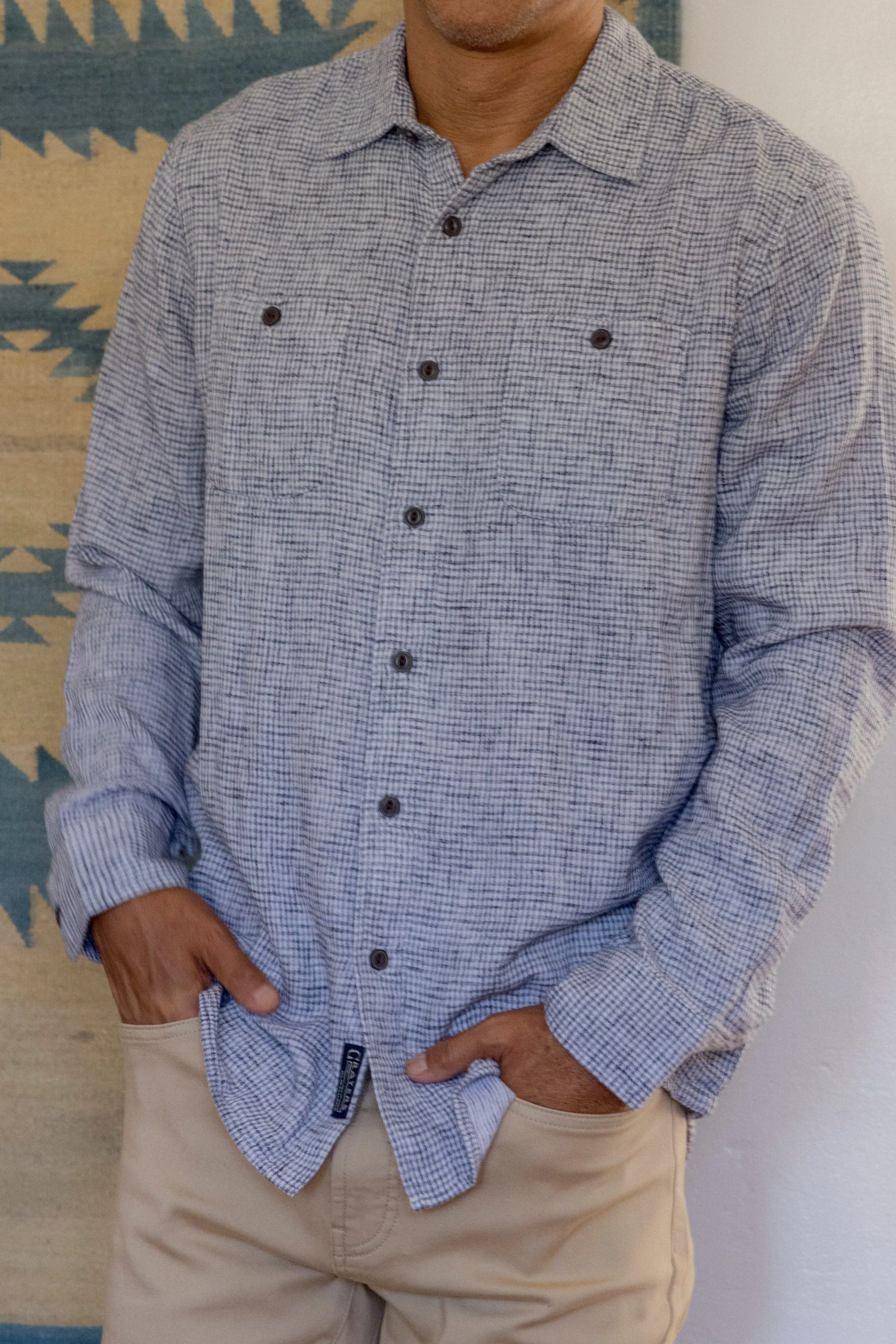 Chic And Comfortable Houndstooth Double Cloth Workshirt - Cream Navy