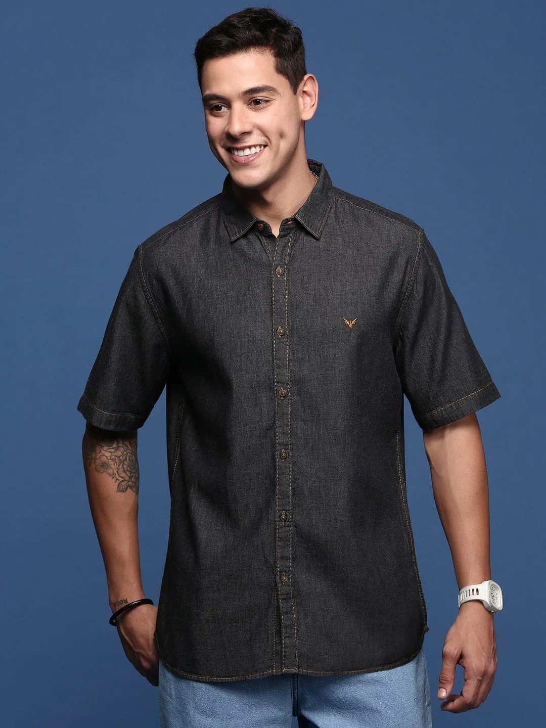 Men's Black Standard Slim Fit Opaque Casual Shirt TearResistantMaterial NonChafe