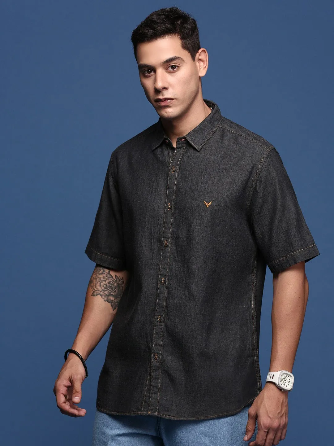 Men's Black Standard Slim Fit Opaque Casual Shirt Work Wear Essential Tee