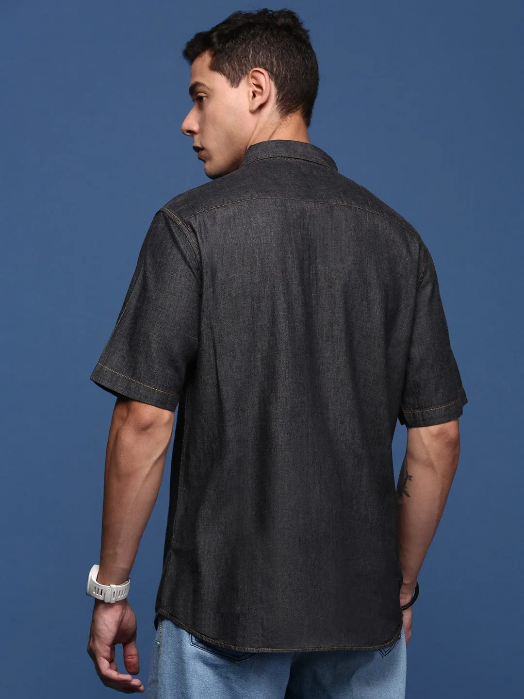 Men's Black Standard Slim Fit Opaque Casual Shirt ShapeRetentionCloth Reinforced Knees