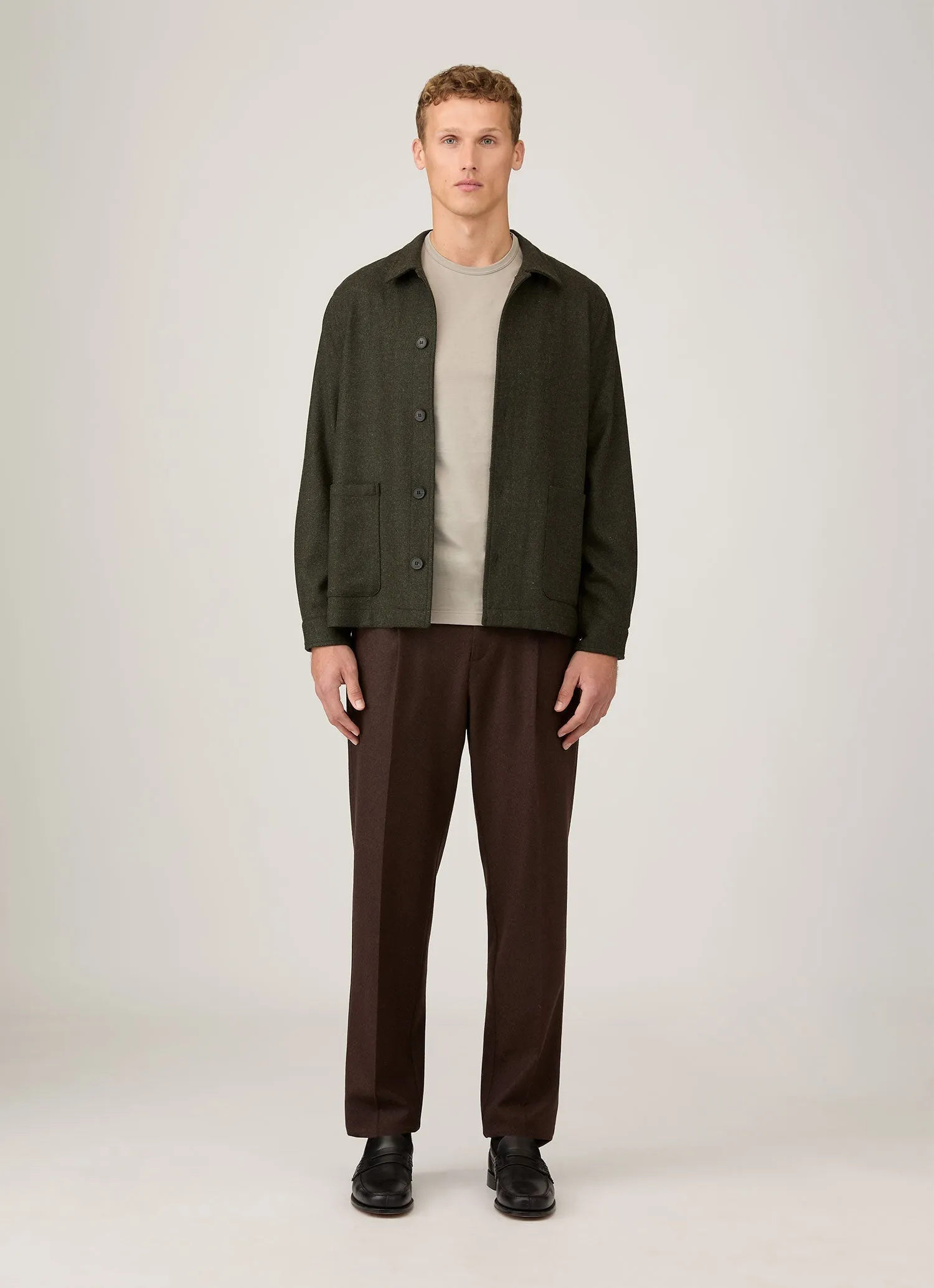 Men's Wool Twin Pocket Jacket in Drill Green Non Restrictive Armholes Flexible Articulated Elbows