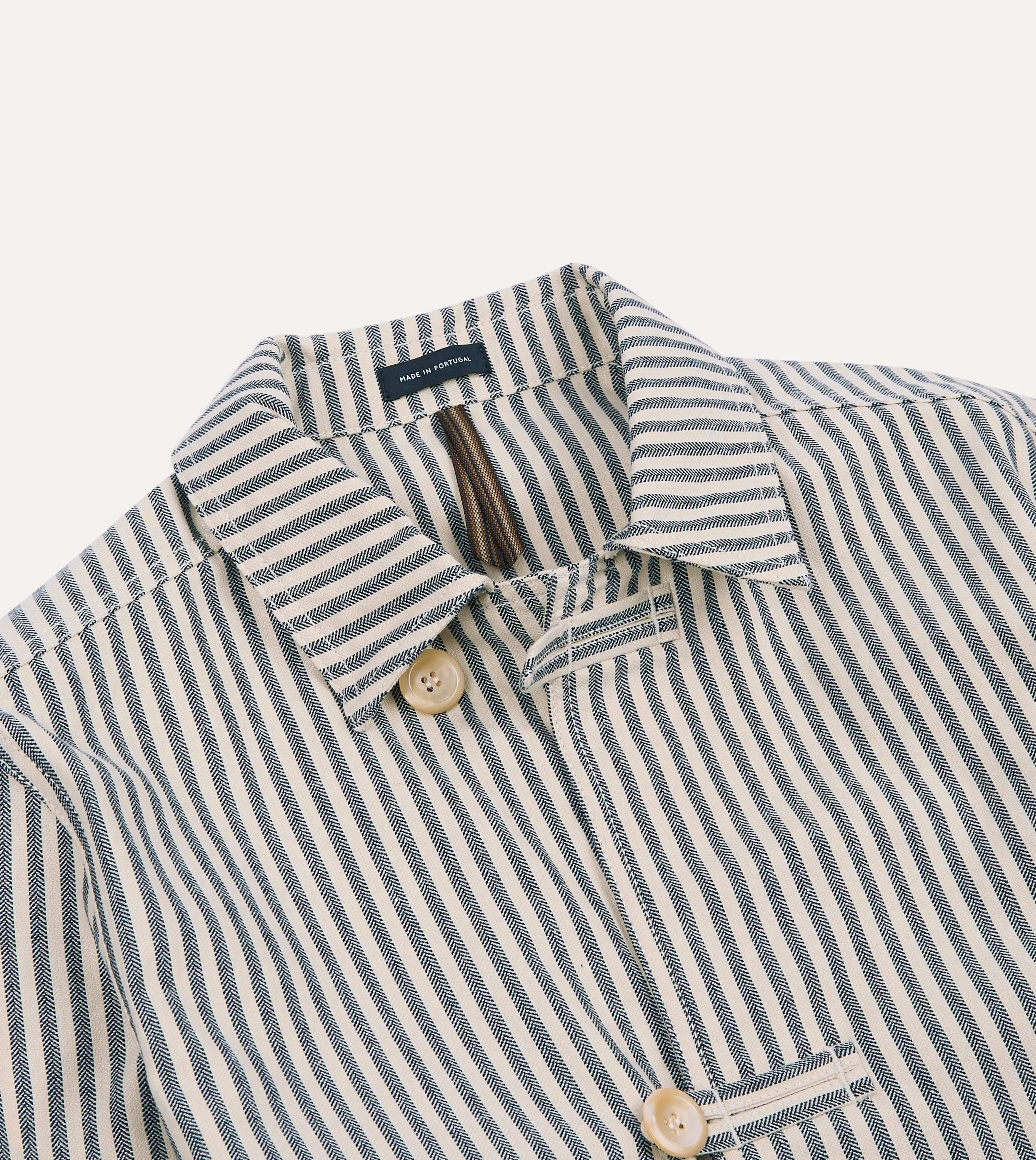 Bonded Seam Construction Blue and Ecru Stripe Cotton-Linen Deck Chore Jacket
