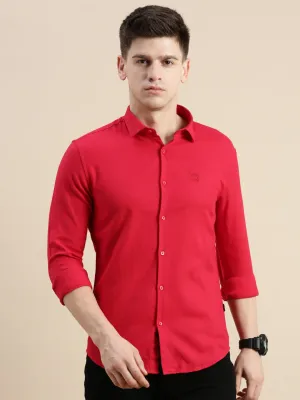 Men's Red Solid Slim Fit Shirt SmoothInnerLining Stretchable Material