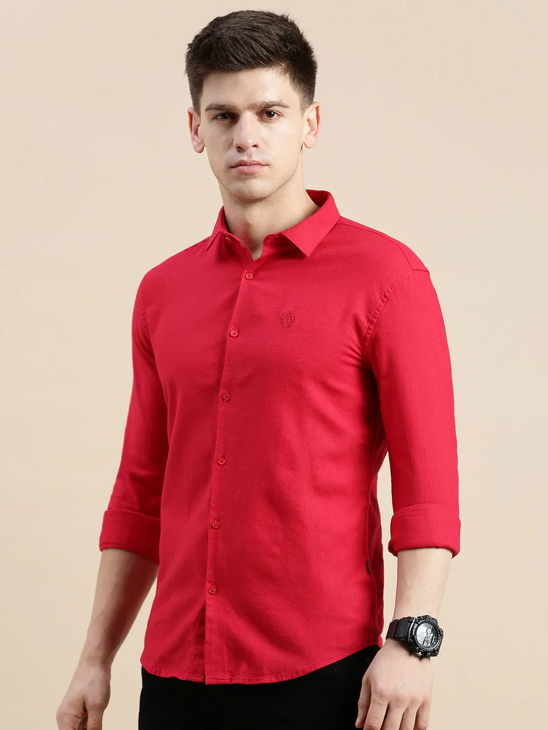 Men's Red Solid Slim Fit Shirt Athletic Wear