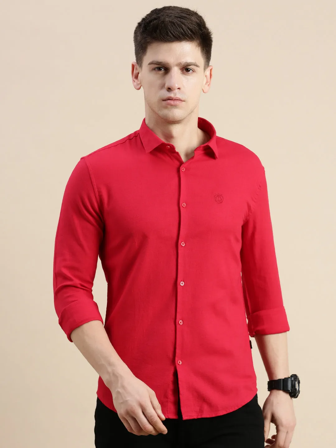 Men's Red Solid Slim Fit Shirt SmoothInnerLining Stretchable Material