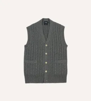 Grey Alpaca Lambswool Cable Knit Sleeveless Cardigan Knit Reinforced Edges Hooded Neckline Option