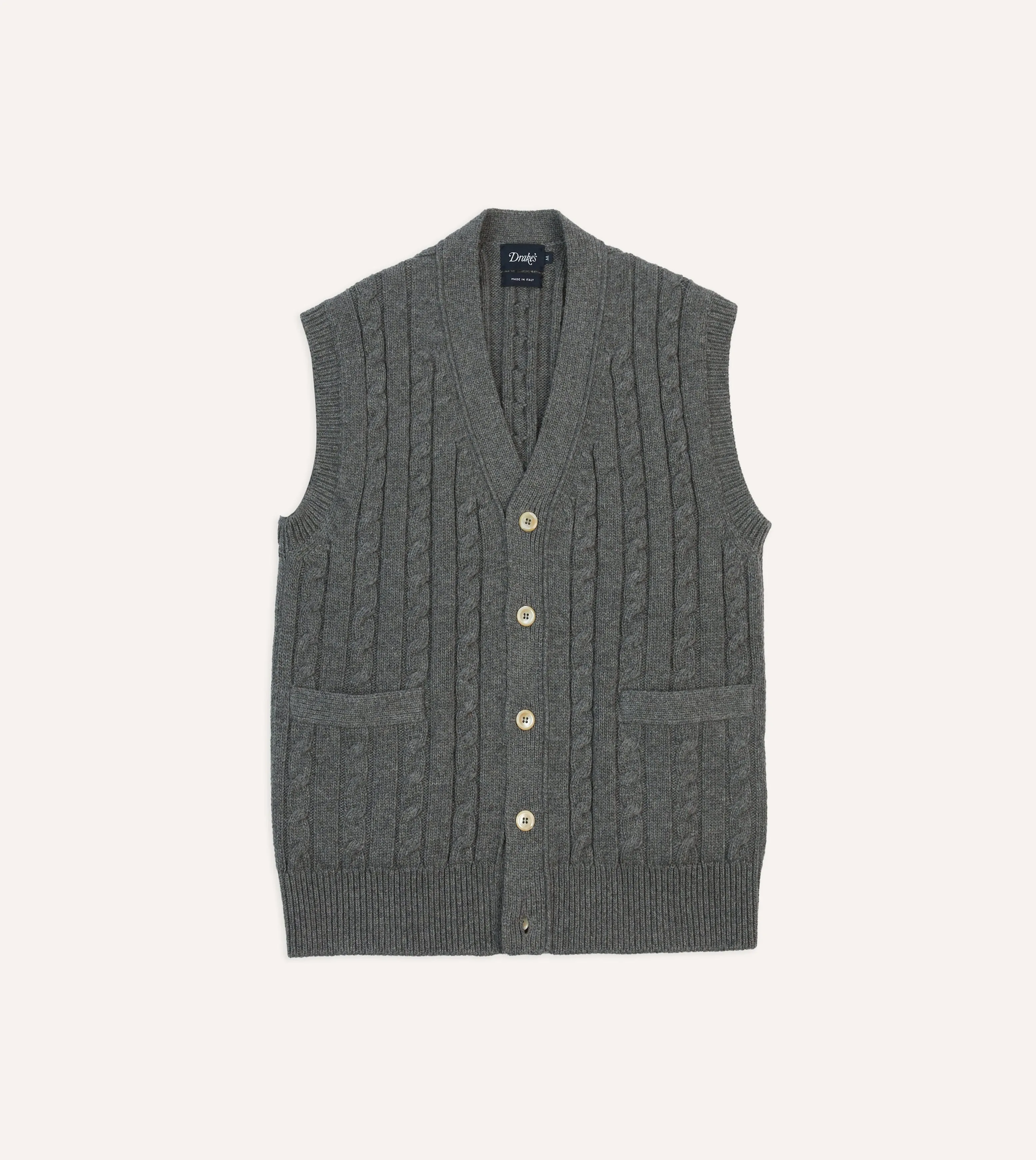 Grey Alpaca Lambswool Cable Knit Sleeveless Cardigan Knit Reinforced Edges Hooded Neckline Option