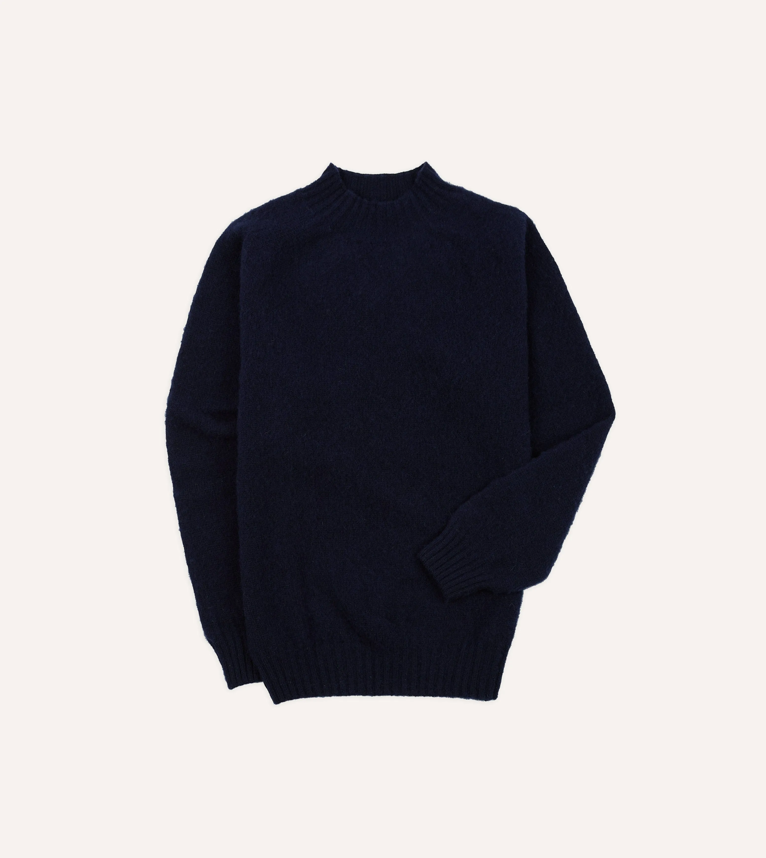 Navy Brushed Shetland Mock Neck Jumper Jacquard Pattern Compressed Stitch