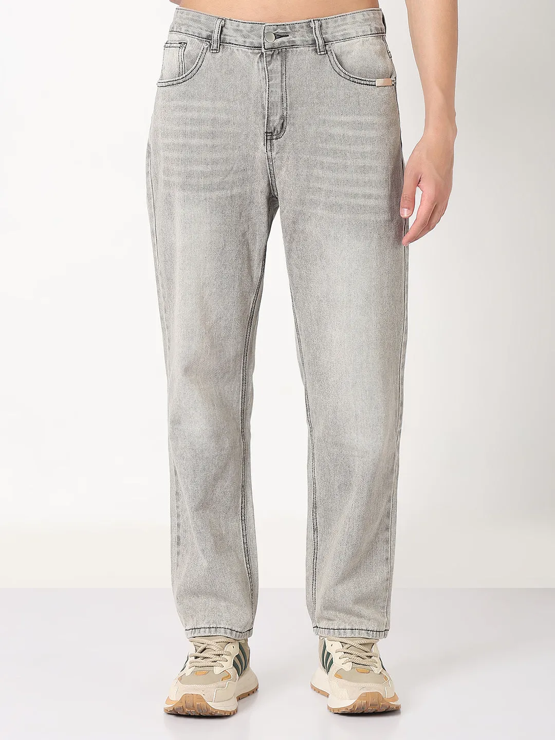 Men's Grey Washed Straight Fit Jeans Quick Matchup Softened Denim Material