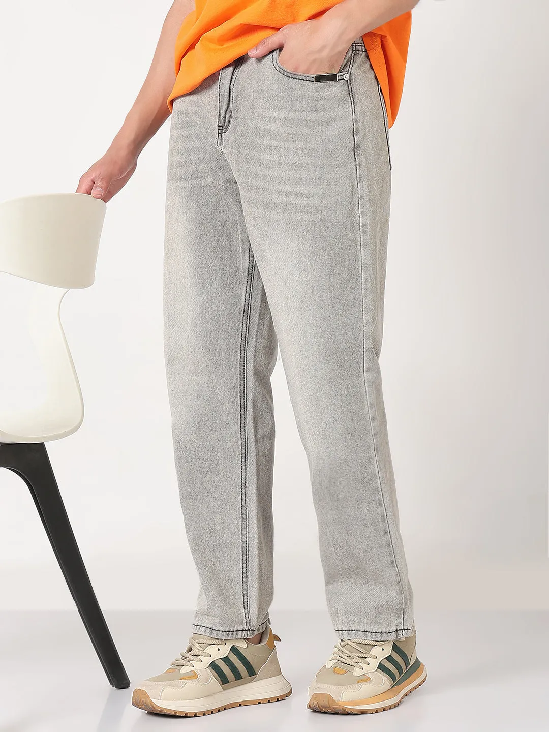 Men's Grey Washed Straight Fit Jeans Party Look Couple Look Earthy