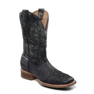 Durable Comfort Mountain use Corral Men's Black Ostrich Embroidery and Woven Wide Square Toe Western Boot