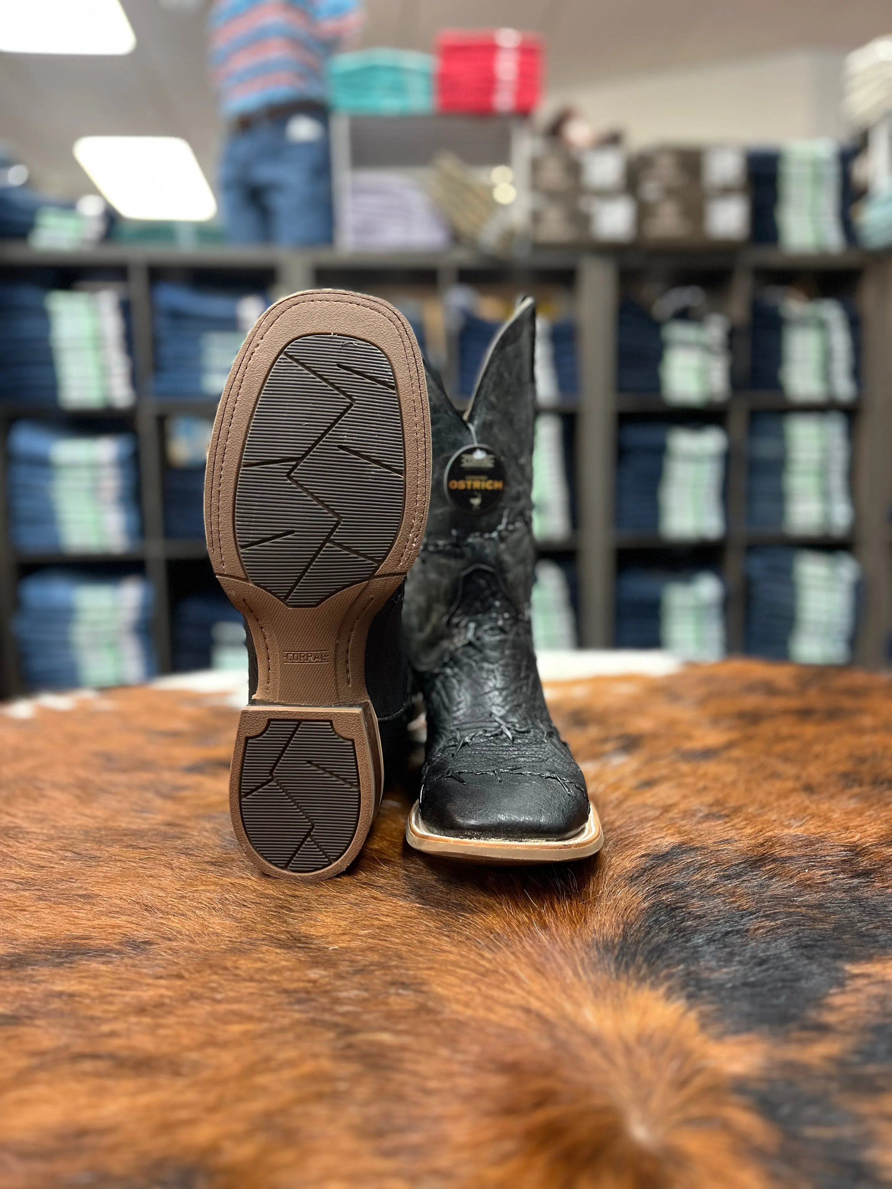 Corral Men's Black Ostrich Embroidery and Woven Wide Square Toe Western Boot Protective Finish Morning Walk Feather Light Nature Lover