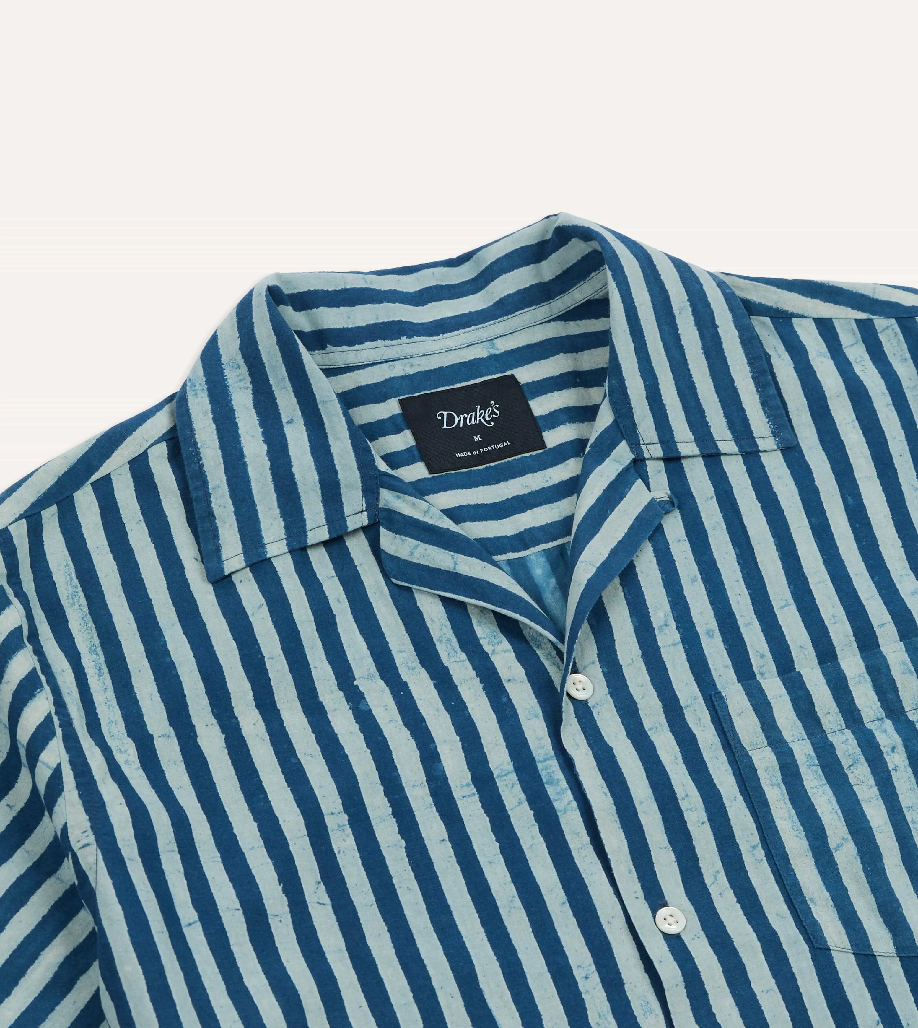 Non Irritating Seams Indigo Stripe Block Print Cotton Camp Collar Short Sleeve Shirt