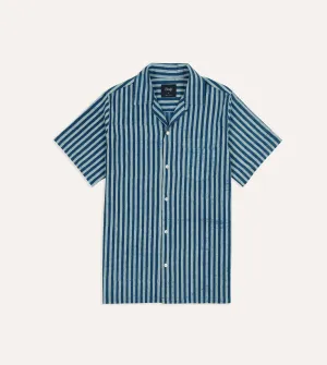 Indigo Stripe Block Print Cotton Camp Collar Short Sleeve Shirt Casual Style