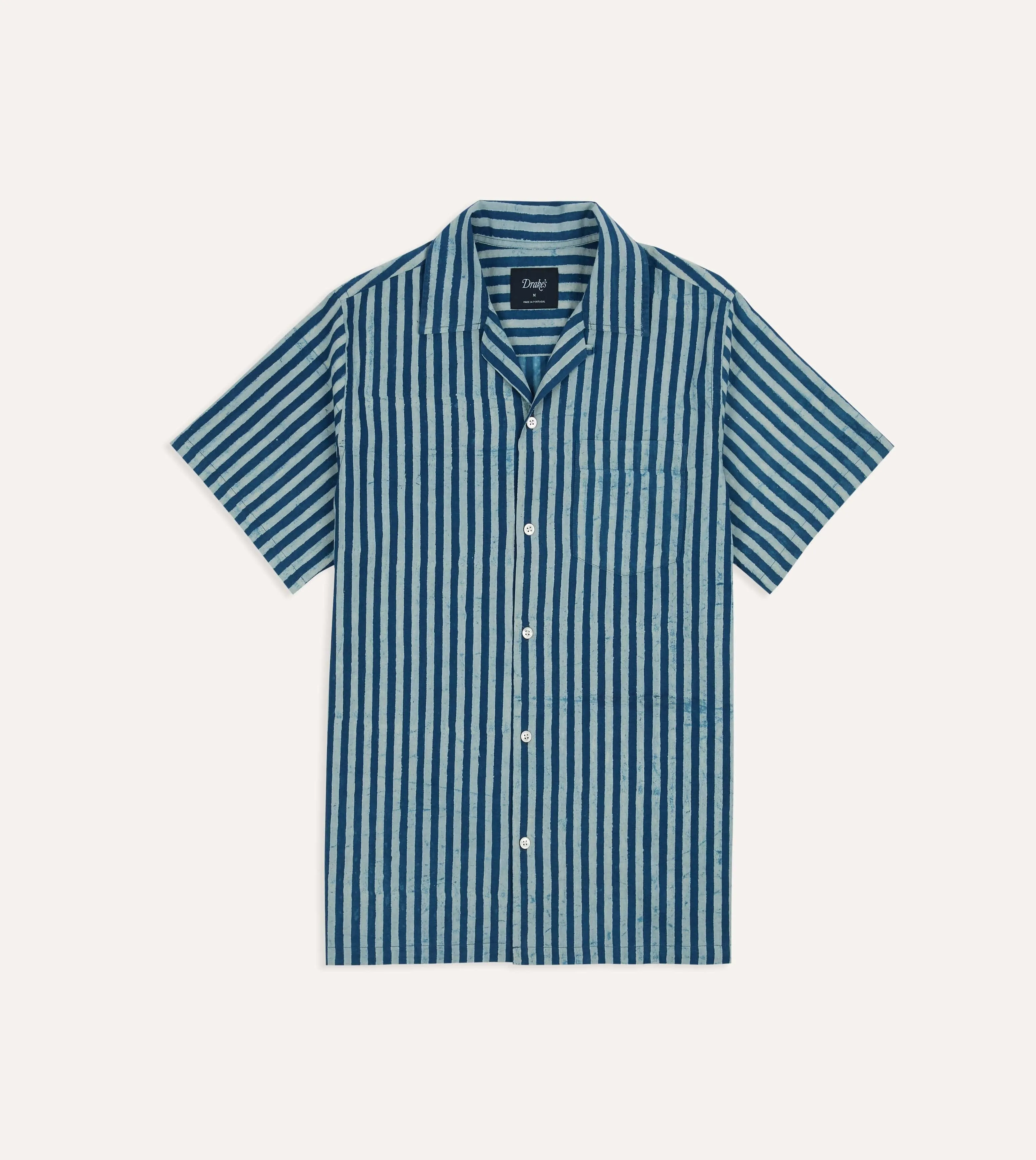 Indigo Stripe Block Print Cotton Camp Collar Short Sleeve Shirt Casual Style