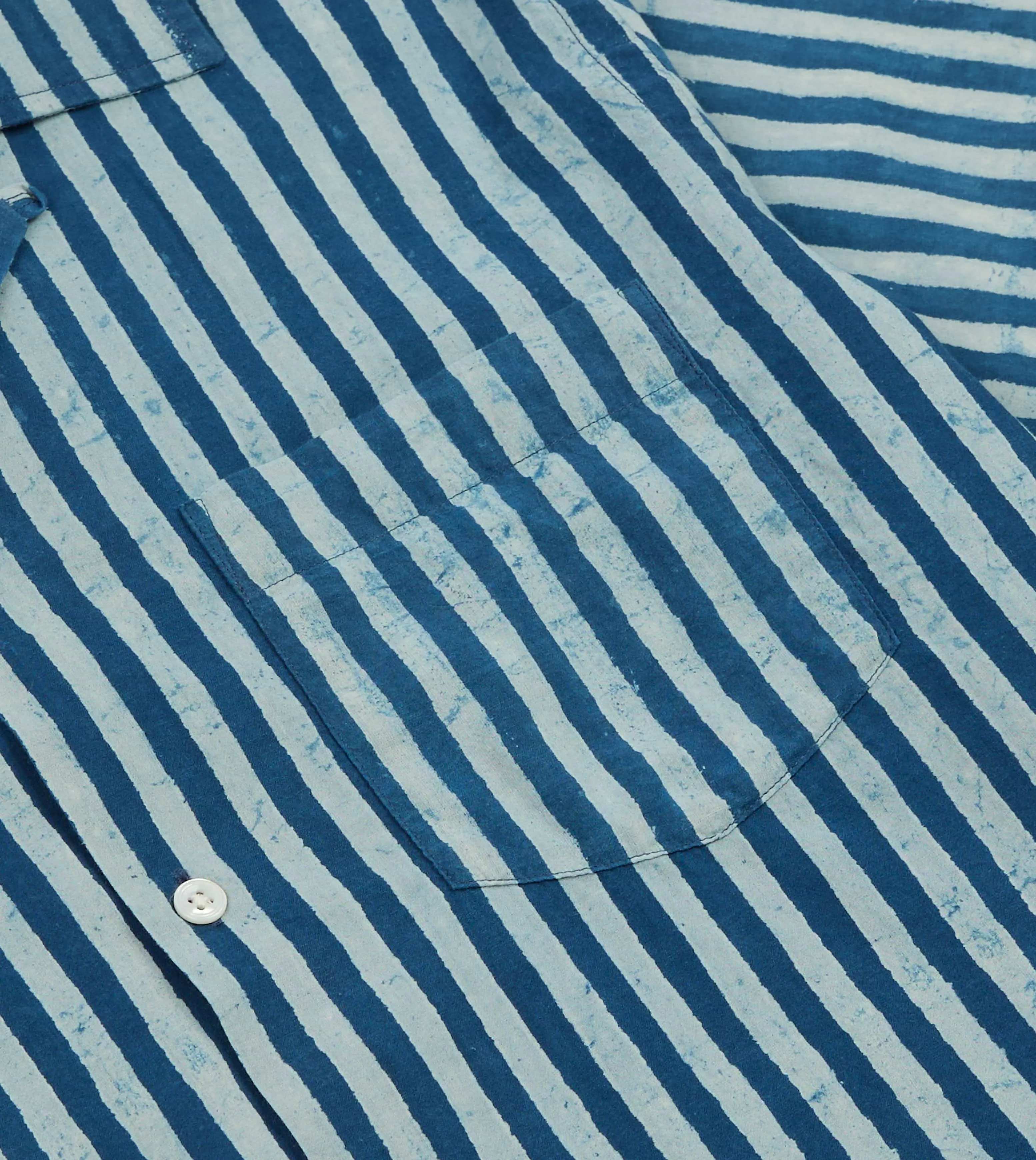 Indigo Stripe Block Print Cotton Camp Collar Short Sleeve Shirt Chill Vibes Quick Fit