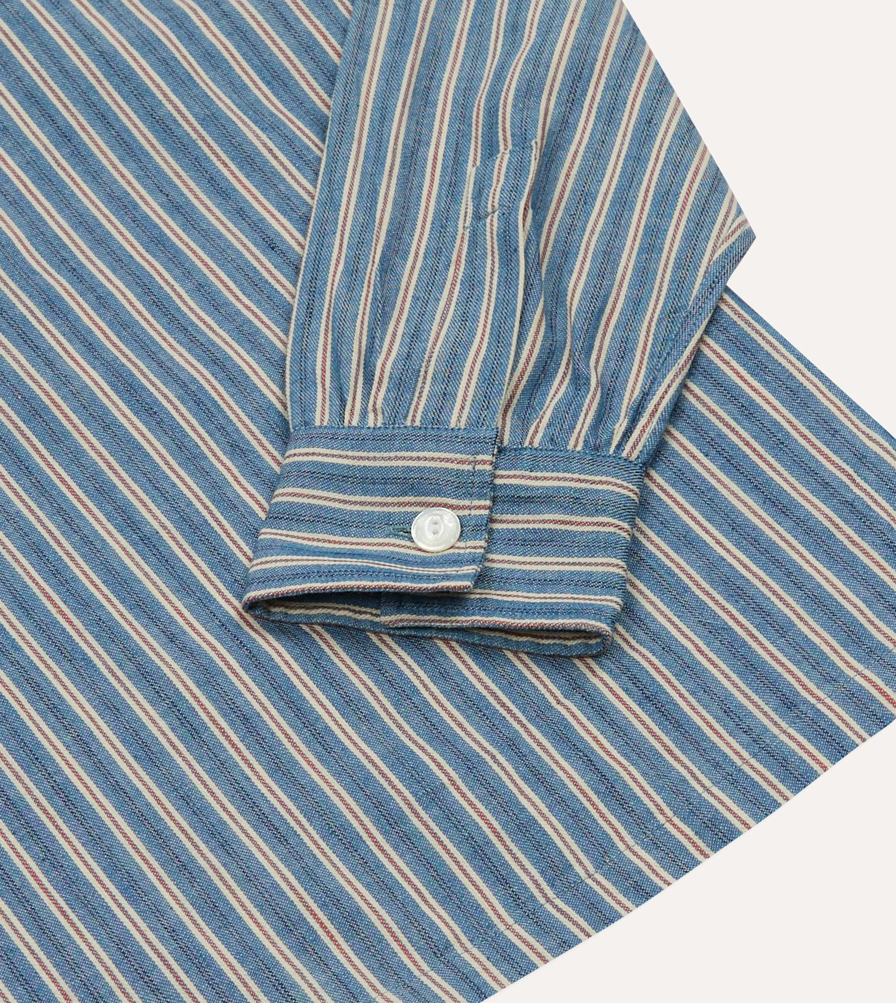 Indigo Stripe Cotton Mandarin Collar Popover Shirt Effortless Comfort Design