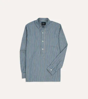 Skin Friendly Blends Pocket Design Indigo Stripe Cotton Mandarin Collar Popover Shirt