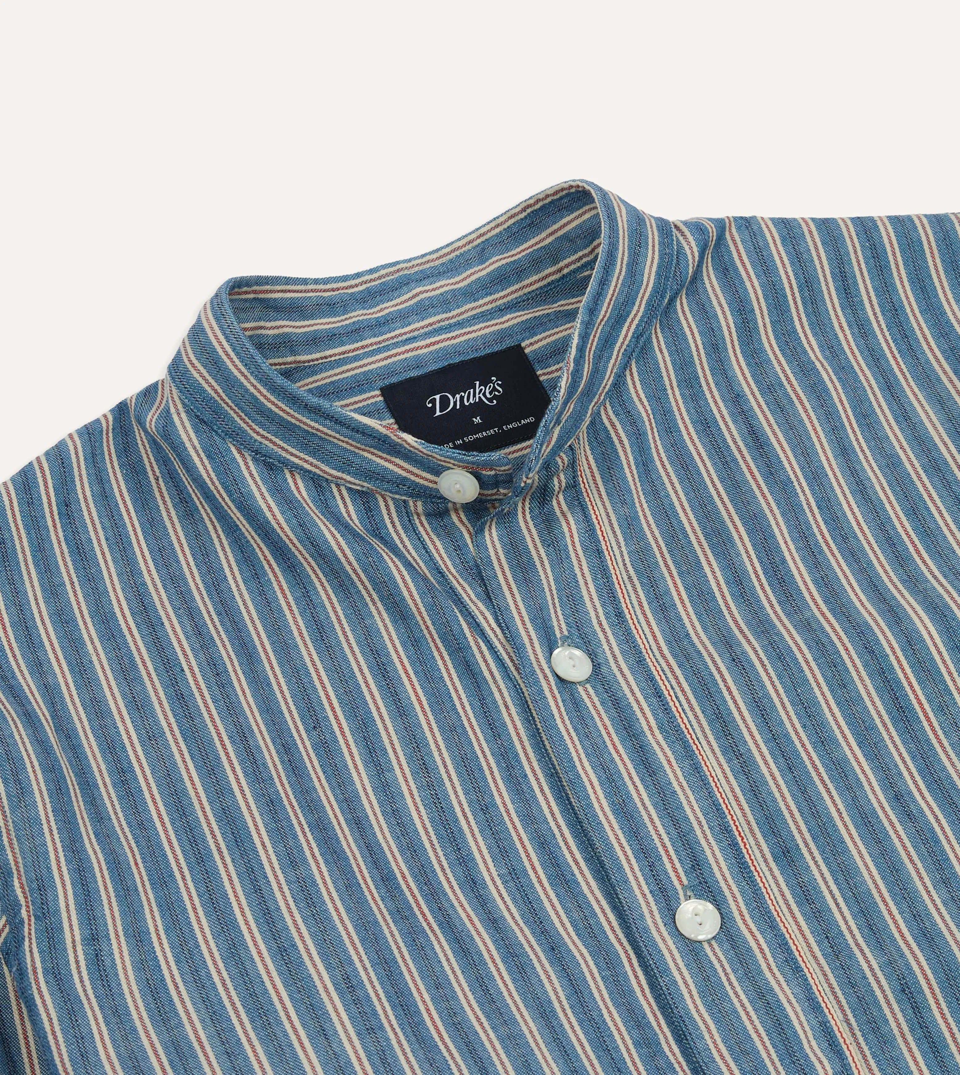 Indigo Stripe Cotton Mandarin Collar Popover Shirt Urban Streetwear