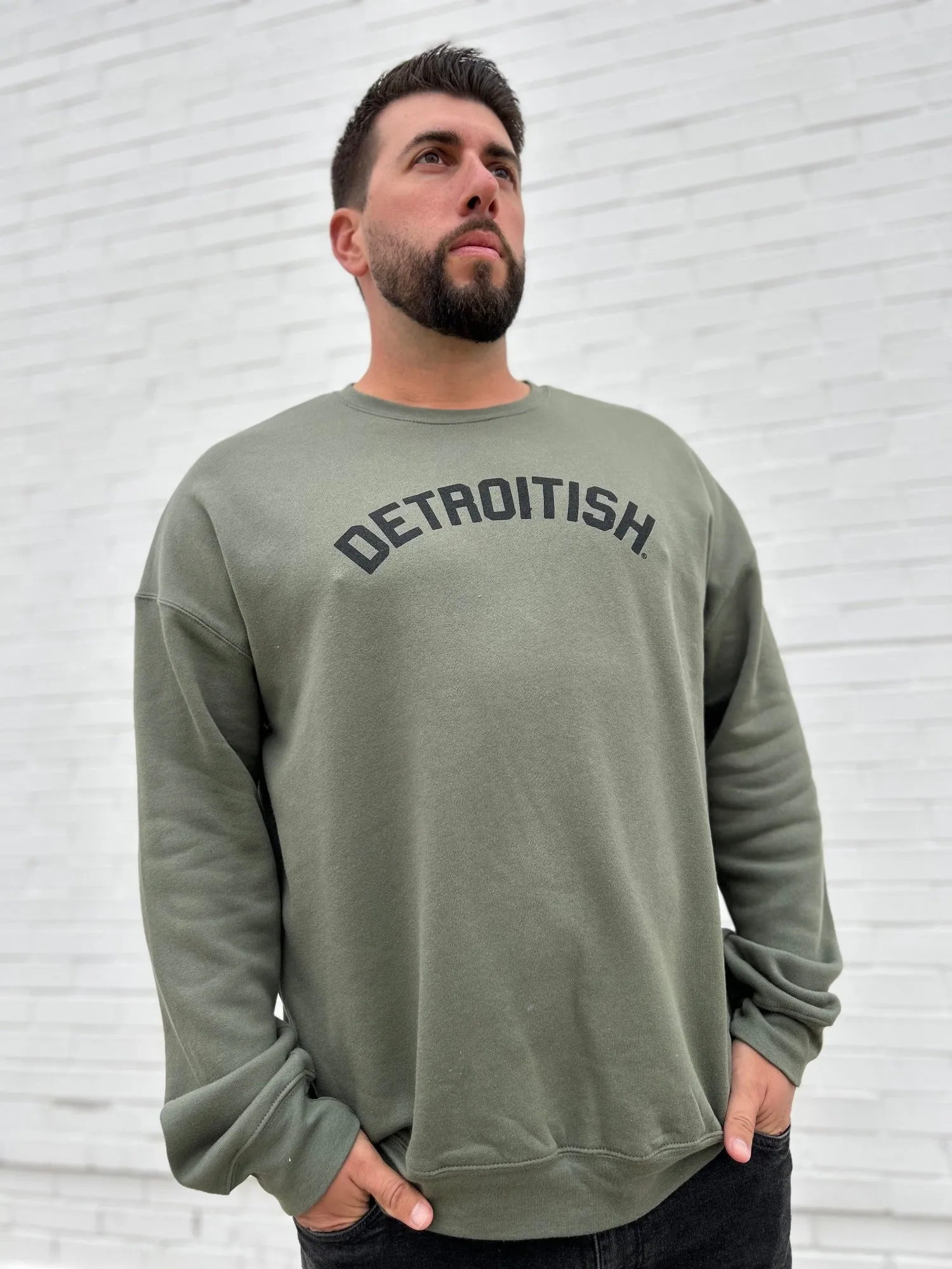 Ink Detroit Detroitish Crewneck Sweatshirt - Military Green Trendy Basics appropriate for work