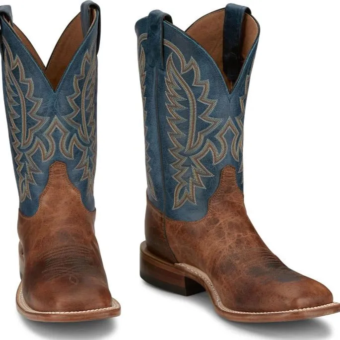 Justin Men's Bent Rail Poston Western Boot in Amber Brown Cowhide/Royal Navy sweat-wicking