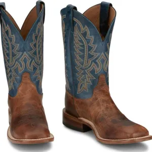Justin Men's Bent Rail Poston Western Boot in Amber Brown Cowhide/Royal Navy sweat-wicking