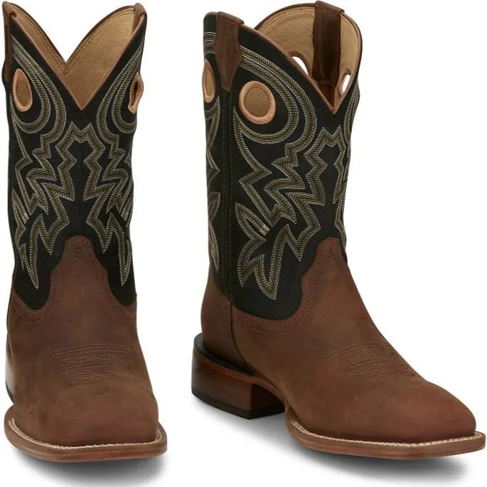 Justin Men's Big News Western Boot in Black & Brown Cowhide Fire Side Comfy Cushion