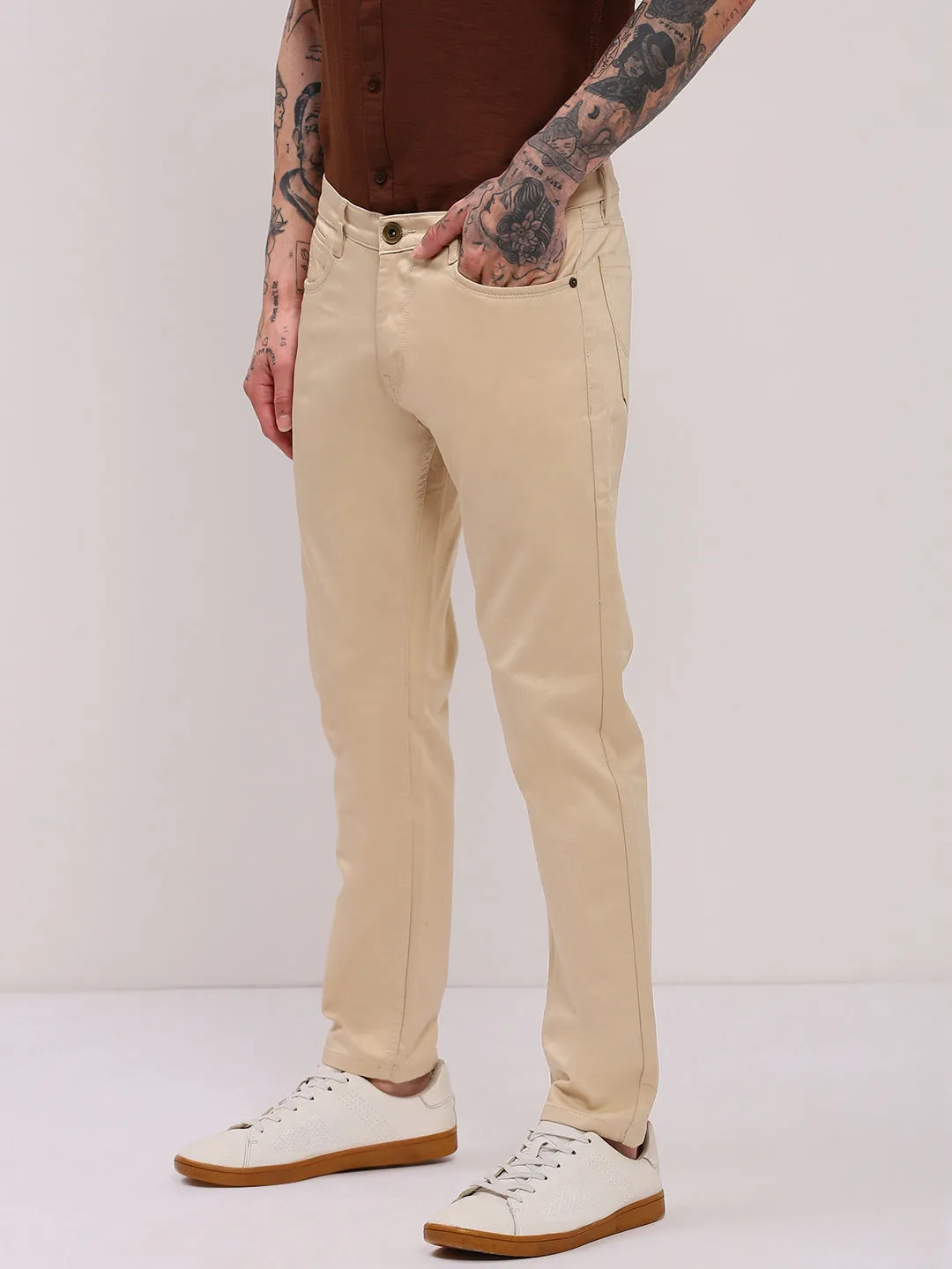 Men's Beige Low-Rise Slim Fit Jeans Classic Comfort